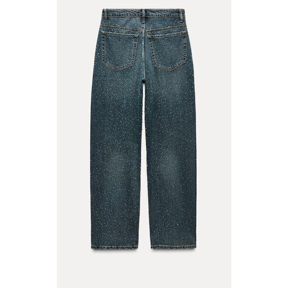 Nwt- Zara OVERSIZE TRF RELAXED TAPERED RHINESTONE JEANS WITH A HIGH WAIS… - Picture 6 of 7